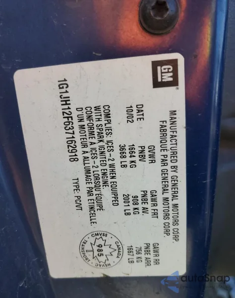 2003 Chevrolet Cavalier Ls Sport from USA, damaged, VIN 1G1JH12F637162918